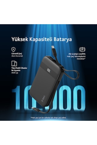 Ttec 2BB225S Recharger Pro LCD 10.000 mAh PD 30W Lightning Ve USB-C Dahili Kablolu Taşınabilir Powerbank