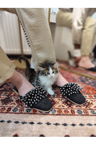 My Stil Moda Kadın Önü Kapalı Hasır Terlik Boncuk İşlemeli Çeyiz, Günlük, Misafir Ev Terliği siyah