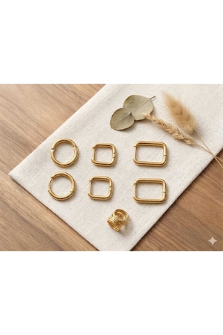 3 Lü 316l Çelik Küpe Set Gold Kadın Altın
