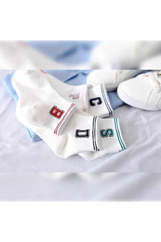 Ozzy Socks 5 Çift Çizgili Harf Kolej Kadın Çorap Beyaz