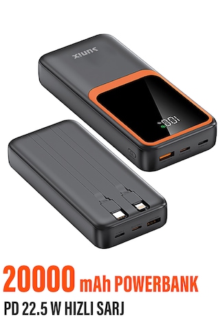 20.000 Mah Hızlı Şarj Pd 22.5w Powerbank Lightning Type-c Çıkışlı Dijital Göstergeli Kendinden Kablo Siyah