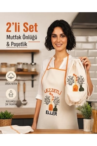 Doğal Keten Mutfak Önlüğü Ve Poşetlik 2&apos Li Set, Şık Tasarım 256