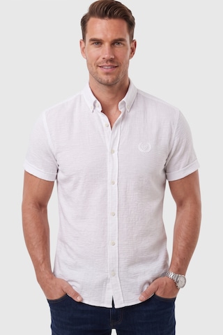 Rizzup Erkek Slim Fit Likralı Jakar Dokulu Beyaz Kısa Kol Gömlek Esnek Nakış Armalı 2604356
