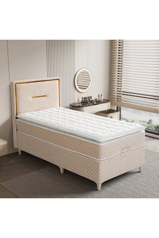 Lina Krem Tek Kişilik Sandıklı Baza + Ortopedik Pedli Yatak + Klapalı Başlık 3 Lü Set 100 x 200 CM
