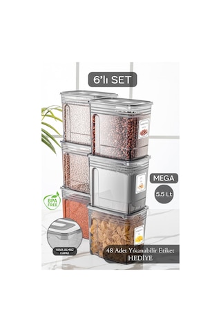 Meleni Home 6'lı Lena Jumbo Set- Un Ve Bakliyat Şeker Erzak Saklama Kabı - Dolap Kiler Düzenleyici Kutu 6x5,5 Lt