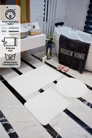 Regnum Halı Banyo Paspası Üçlü Takım Beyaz Renk Peluş Kaymaz Taban Yıkanabilir 60x100 - 60x40 - 60x60 Beyaz