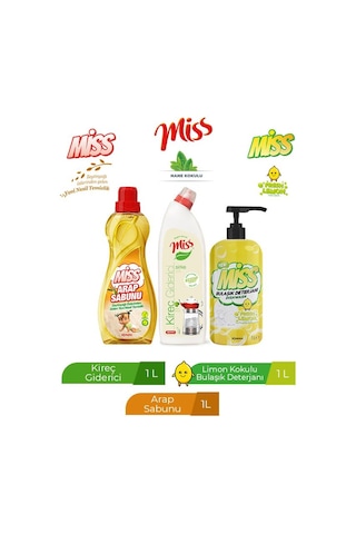Miss Harikalar Diyarı Sirke Özlü Kireç Giderici 1 L + Arap Sabunu 1 L + Bulaşık Deterjanı 1 L