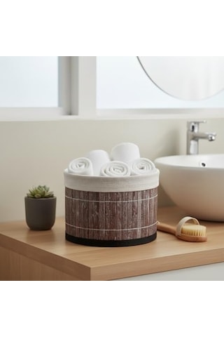 Yuvarlak Bambu Düzenleyici Ve Saklama Sepeti Çok Amaçlı Banyo, Makyaj Ve Ofis Organizeri, Kumaş Astarlı Dekoratif Silindir Kutu 18x13 Cm, Gri 000 Açık Krem
