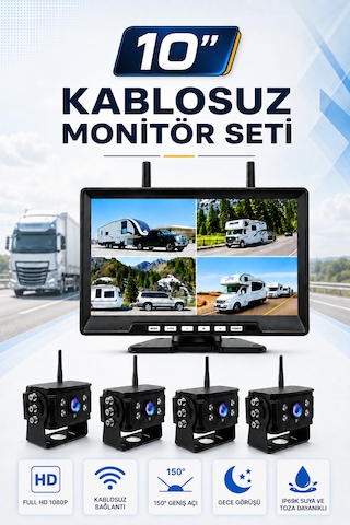 10'' Inç Monitörlü 4 Kameralı Tır Kamyon Otobüs Servis İçin Kablosuz Araç Seti