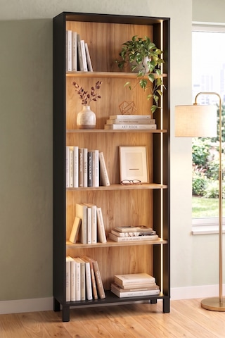 Robin Home Prime 5 Raflı Neon Led Işıklı Kitaplık Ahşap Ayaklı Sepet-siyah 183cm