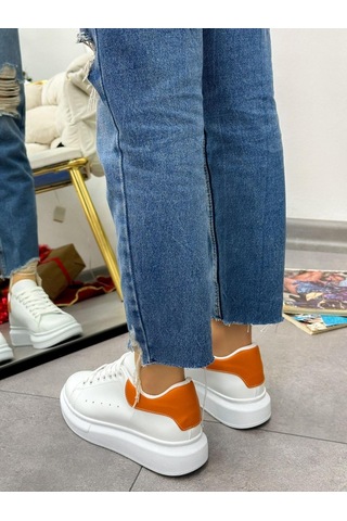 Erva'nın Butiği Beyaz Turuncu Queen Kadın Bağcıklı Sneakers-5023 Beyaz Turuncu Cilt