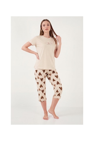 Lela Desenli Pamuklu Bisiklet Yaka Kaprili Pijama Takımı Bayan Pijama Takımı 65790787 Bej-kahve