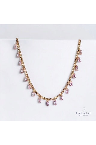 Pembe Baget Taşlı Zincir Kolye 45cm Altın - Pembe