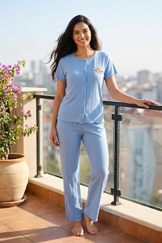 Mataş Kadın Ayıcık Desenli Bambu Viskon Kısa Kollu Yumuşak Soft Örme Pijama Takımı Mavi