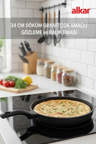 34 Cm Gözleme Ve Balık Tavası Döküm Granit Yapıştırmaz Siyah