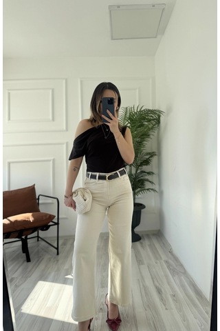 Keymoda Kadın Wide Leg Kemerli Bej Jean
