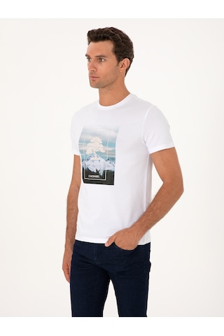 Beyaz Slim Fit Bisiklet Yaka Pamuk Karışımlı T-shirt