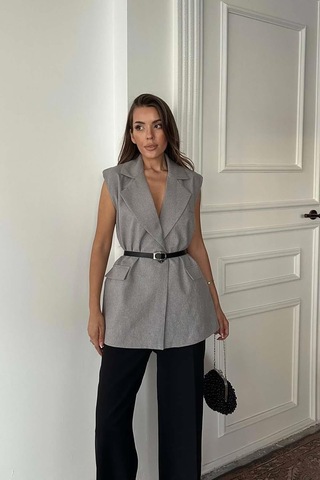 Myloore Kadın Gri Kemerli Kolsuz Blazer Yelek Mlb153