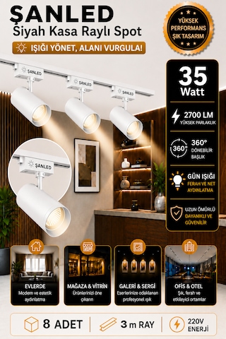 Led Beyaz Kasa Beyaz Işık 35w Raylı Spot / 8 Adet 3 Metre Ray Gün Işığı