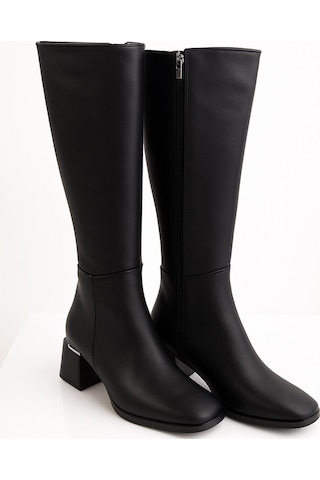 Kadın Topuk Detaylı Yandan Fermuarlı Uzun Çizme Siyah