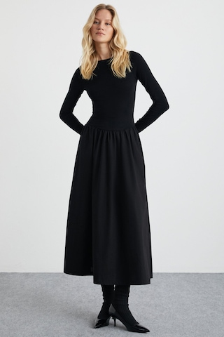 GRIMELANGE Pani Kadın Maxi Boy Etek Kısmı Dokuma Poplin Kloş Üst Kısmı Esnek Viskon Elastan Şık Siyah Elbise Siyah