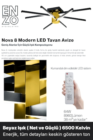 Nova 8 Gold Led Tavan Avize Kumandalı Dim Edilebilir Aşağı Işık Beyaz Işık