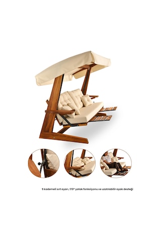 Luna Deluxe 2600 Iroko Beş Kişilik Ahşap Bahçe Salıncağı Krem