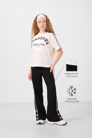 Tommylife Ekru-siyah O Yaka Baskılı Geniş Paça Çıt Çıt Detaylı Kız Çocuk Palazzo Eşofman Takım - 75172 Ekru/sıyah Ekru - Siyah