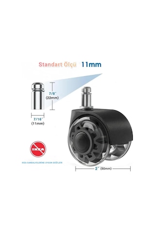 Premium Sessiz Ofis Koltuğu Tekerleği,5 Adet,11mm Standart Ölçü, 50mm Çap,siyah, Sessiz Hareket Diğer