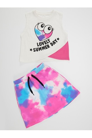 Denokids Mushi Kalp Batik Kız T-Shirt Etek Takım Çok Renkli