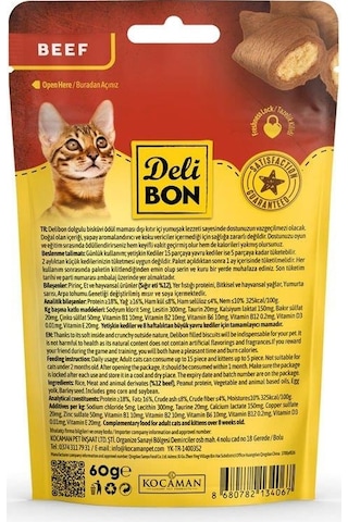 Delibon Crunchy İçi Dolgulu Bisküvi Sığır Etli Kedi Ödülü 60 G