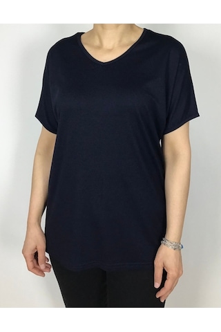 Kısa Kol V Yaka Likralı Düz Penye Bluz Lacivert