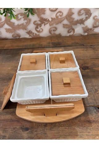 Ahşap Tepsili Kare Kahvaltılık 4 Lü