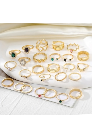 Girift Vintage Vanya Gold Çoklu Renkli Yüzük Seti Altın