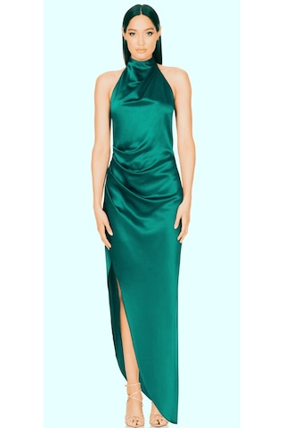 Hanife Glam Couture Hanife Glam Halter Yaka Asetat Saten Elbise Zümrüt