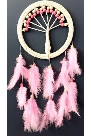 Pembe Kuş Tüylü Hayat Ağacı Düş Kapanı Dream Catcher Duvar Süsü
