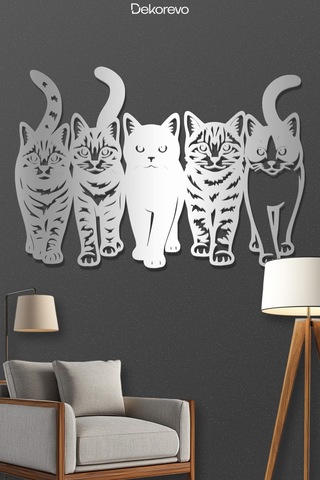 Kedi Çetesi Beşli Kedi Silüeti Metal Duvar Dekoru - Metal Duvar Sanatı - Gümüş - 75 X 50 Cm