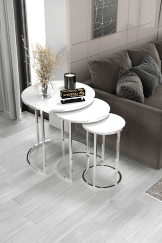 3'lü C Zigon Sehpa Gümüş Ayak Beyaz Ayna