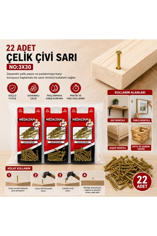 Medalyan Dl-71 Çelik Çivi 3x30 Sarı - 22 Adet- 12'li Paket Diğer