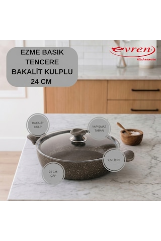 20 Cm Gold Stone Ezme Seri Granit Basık Tencere, Non-stick Pilav Karnıyarık Tencere 1,7 Lt Bakalit Kulplu 24 Cm