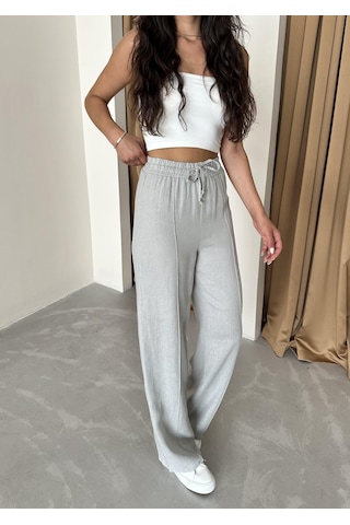 Gri %100 Keten Palazzo Pantolon Gri