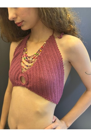 Gönülden Tasarım El Örgüsü Boncuk Kolyeli Kadın Büstiyer Crop Pembe