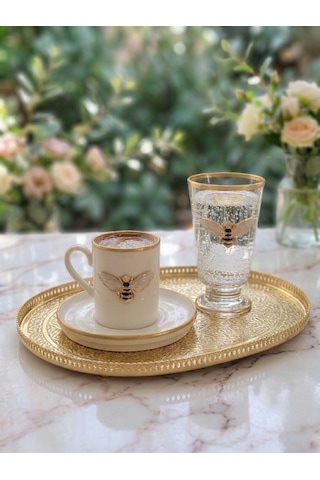 Queen Bee 2 Kişilik Dekorlu Kahve Yanı Su Bardaklı Kadehli 6 Parça Kahve Fincan Takımı Krem