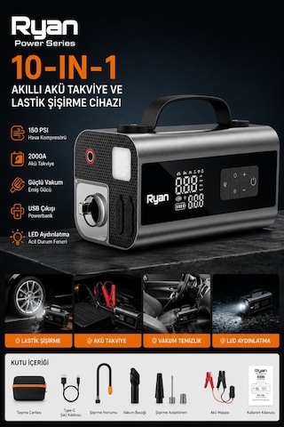 10in1 Akü Takviye Cihazı 2000a 150 Psı Dijital Lastik Şişirme Kompresörü Powerbank Led Fener Ry-p10