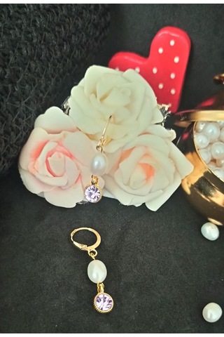 24k Altın Kaplama Gerçek İnci Zirkon Taşlı Lila Mor Tasarım Küpe Gold