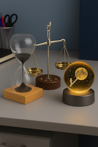 3 Lü Masaüstü Dekorasyonu Aya Tırmanan Astronot Figürlü Led Işıklı Küre Adalet Terazisi Ve Kum Saati Renkli