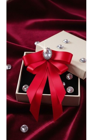 Kadın Fiyonk Broş-kırmızı. Rhinestone Çiçek Detaylı. Fiyonk Broş Kurdele. El Yapımı Özel Çok Renkli
