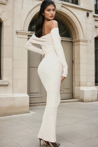Hiccup Omzu Açık Bodycon Ribana Maxi Elbise Natural