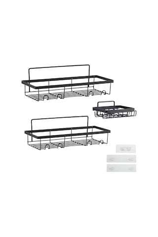 Moveevo Demir Bathroom Organizer Seti - 2 Duş Sepeti + 1 Sabunluk, Delme Yok, Su Geçirmez, 6 Kanca, Banyo/ Mutfak/ Oturma Odası Gereçleri Saklama Siyah