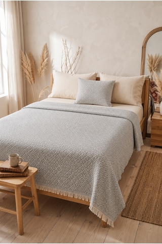 Dokuma Pike Çiftkişilik 200x220 Çok Amaçlı Bohem Yatak Örtüsü Gri